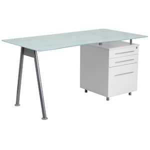 59 in. Rectangular Frosted Top/White 3 Drawer Computer Desk with File Storage
