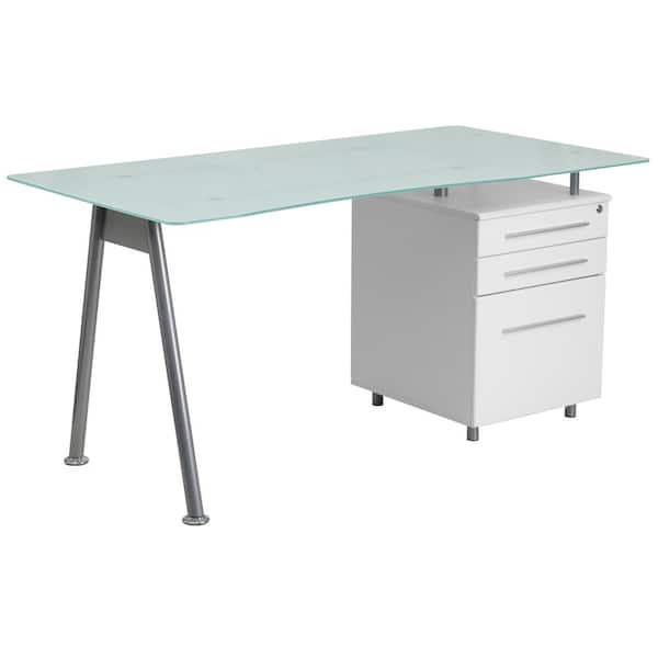 Carnegy Avenue 59 in. Rectangular Frosted Top/White 3 Drawer Computer Desk with File Storage