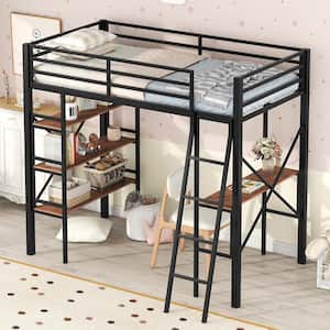 Black Metal Twin Size Loft Bed with Shelves and Desk
