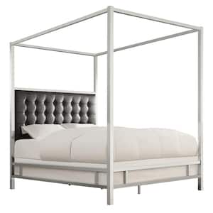Black Metal Canopy Bed with Upholstered Headboard