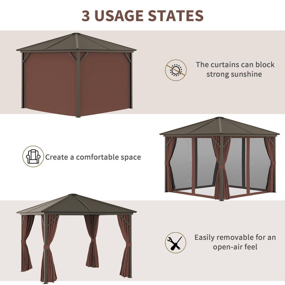 Outsunny 10x10 Dark Brown Aluminum and Steel Hardtop Gazebo with Curtains