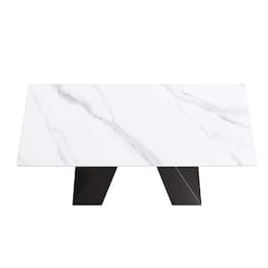 70.87 in. White Sintered Stone Tabletop Kitchen Dining Table with Modular Black V Shaped Pedestal Base (6 Seats)