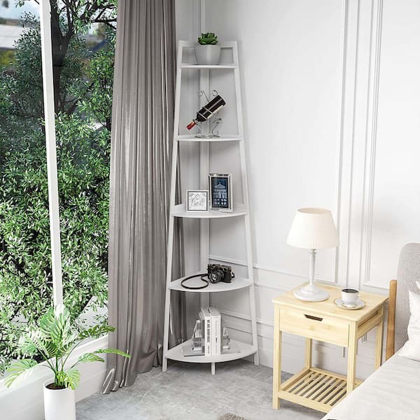 FUNKOL 16.93 in. W x 16.93 in. D x 69.69 in. H 5-Tier White Open Corner Bookcase Bamboo Bookshelf