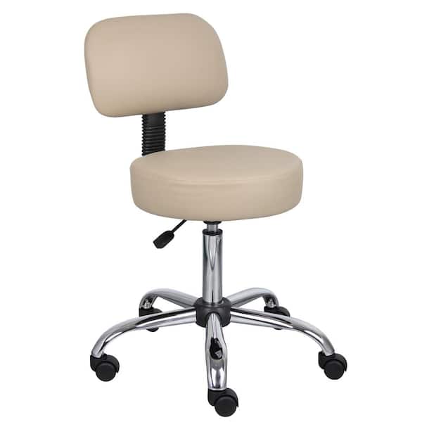 BOSS Office Products Beige Vinyl Task Stool with Back Rest, Chrome Base and Seat Height Adjustment