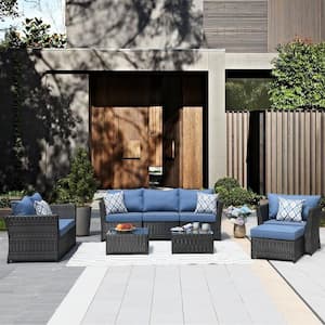 Huron Gorden Brown 9-Piece Wicker Outdoor Patio Conversation Sectional Sofa Set with Blue Cushions And Table