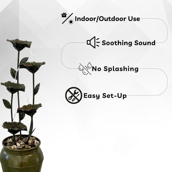 34.3 in. H Zinc Metal Tiered Flower Fountain with River Stones - Indoor and Outdoor Water Feature