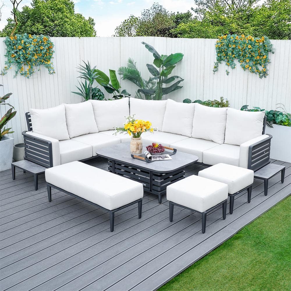 Right Dark Grey 8-Piece Aluminum Patio Conversation Set with Beige Cushions, a Bench and 2 Ottomans price history on PriceWatchPro