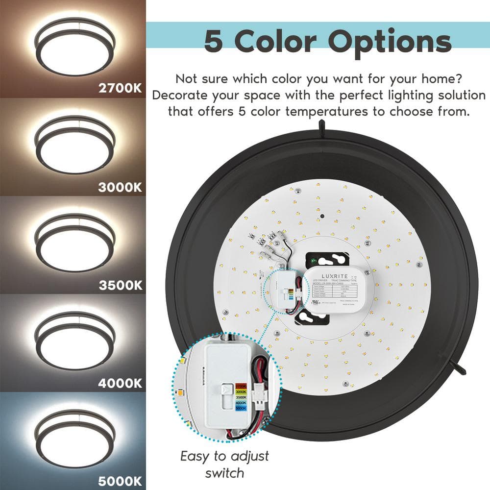 Matte Black 16" LED Flush Mount Ceiling Light with Adjustable Color Temperature