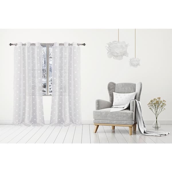Dainty Home White Pom Pom Grommet Sheer Curtain - 38 in. W x 84 in. L (Set of 2)