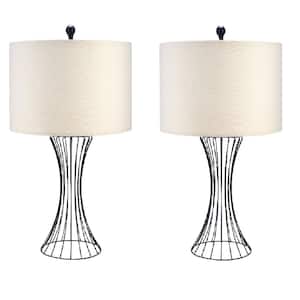 27 in. Modern Black Table Lamp with Classic Beige Fabric Drum Shades and Metal Wire Vase Bases