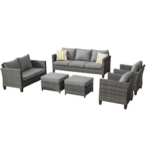 Megon Holly Gray 6-Pcs Wicker Outdoor Patio Conversation Seating Set and Loveseat with Dark Gray Cushions