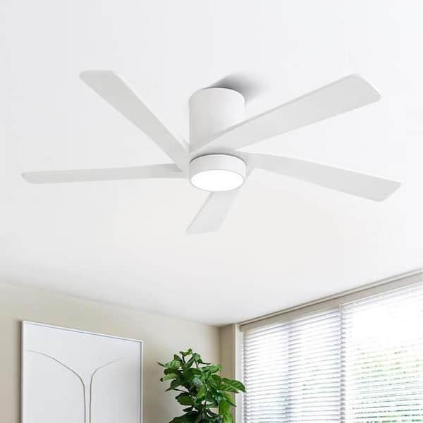 48 in. 5-Soild Wood White Blades Indoor Flush Mount Standard Ceiling Fan with Integrated LED