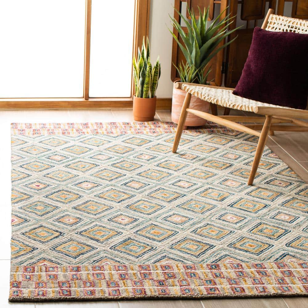Handmade Green and Red Geometric Wool Area Rug, 2' x 3'