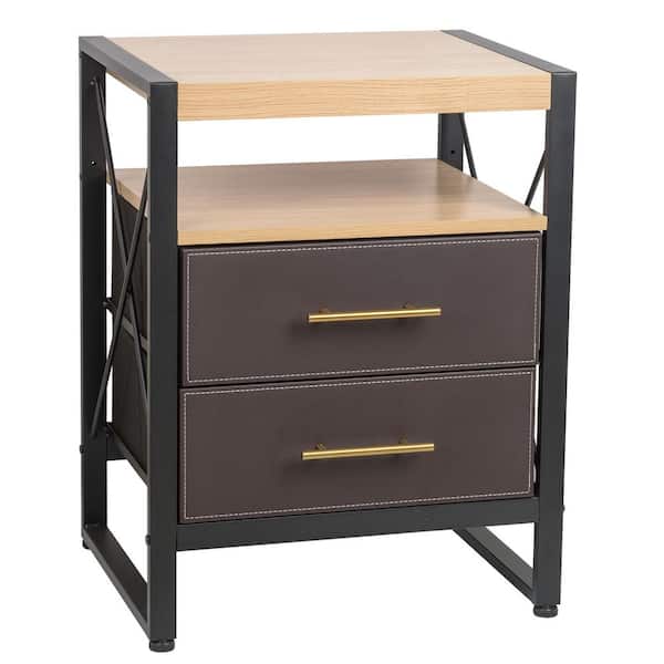Angel Sar 2-Drawer Fabric Black Nighstand with Wooden Top and Open Shelf ( 24.7 in. H x 18.9 in. W x 15.35 in. D)
