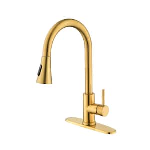 Single Handle Pull Down Sprayer Kitchen Faucet with Deckplate Included and 2-Modes in Brushed Gold