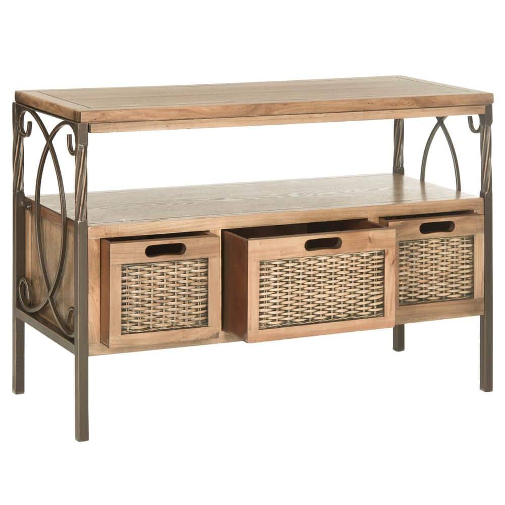 Transitional Joshua Oak 3-Drawer Console Table with Twisted Metal Frame