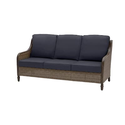Hampton Bay Windsor Brown Wicker Outdoor Patio Ottoman with CushionGuard Putty Tan Cushions (2 