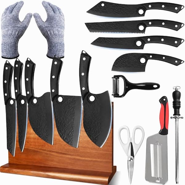 Kitchen Knife Set with Wooden Magnetic Block, Honing Steel, Scissors, Peeler, Gloves and Vegetable Slicer