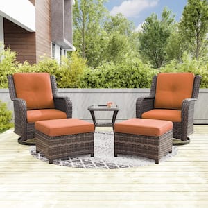 5-Piece Wicker Outdoor Patio Conversation Set Swivel Rocking Chair Set with Orange Cushions