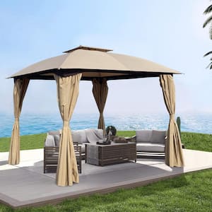 10 ft. x 10 ft. Outdoor Patio Garden Gazebo Canopy, Outdoor Shading, Gazebo Tent with Curtains, Khaki