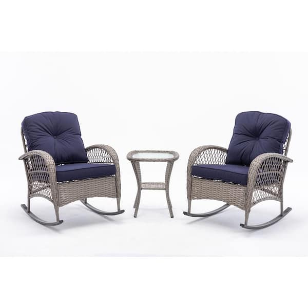 Tenleaf 3-Pieces Grey Wicker Outdoor Rocking Chair with Navy Blue Cushions