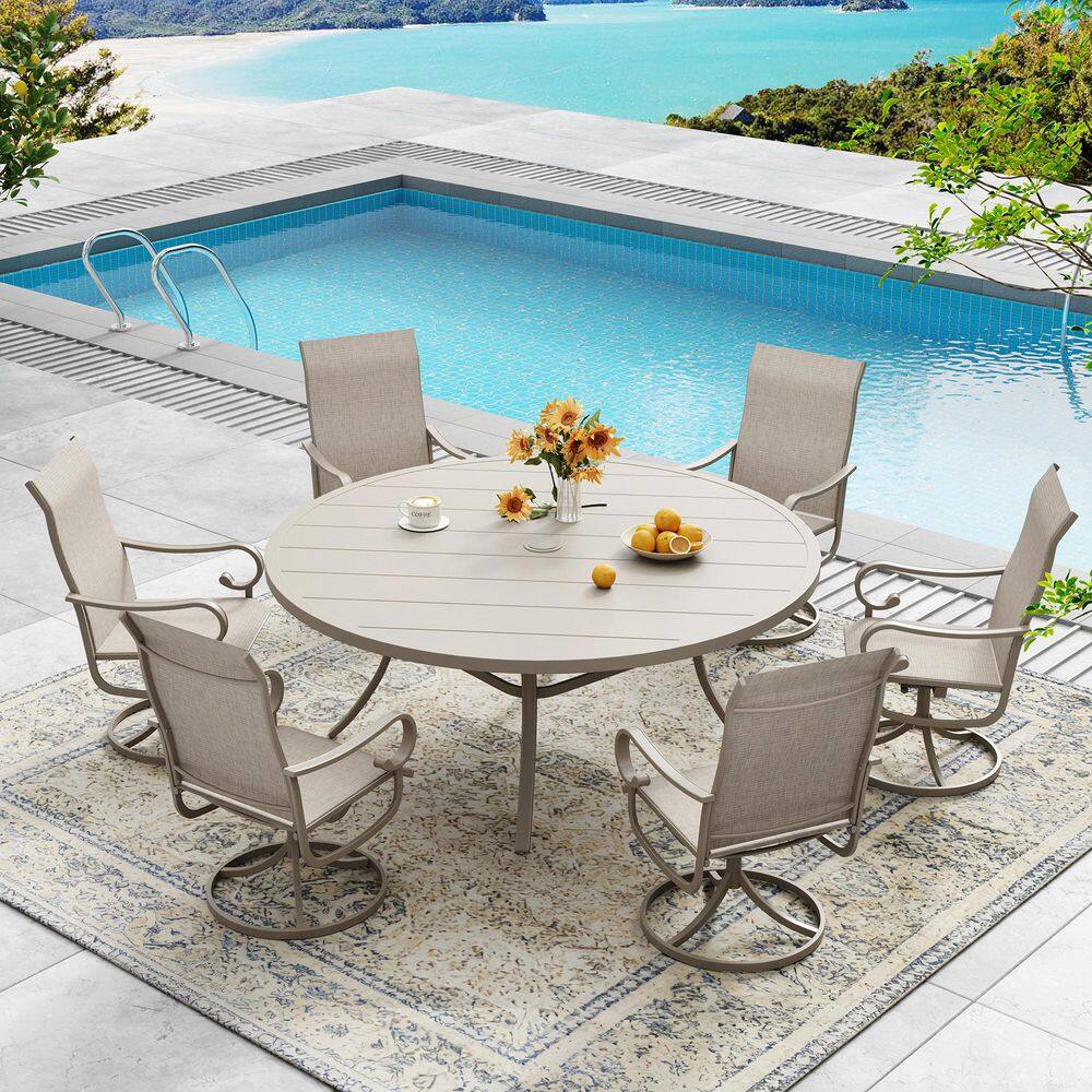 7-Piece Metal Patio Dining Set with 53 in. Sandshell Round Dining Table and 6 Sandshell Textilene Swivel Chairs price history on PriceWatchPro