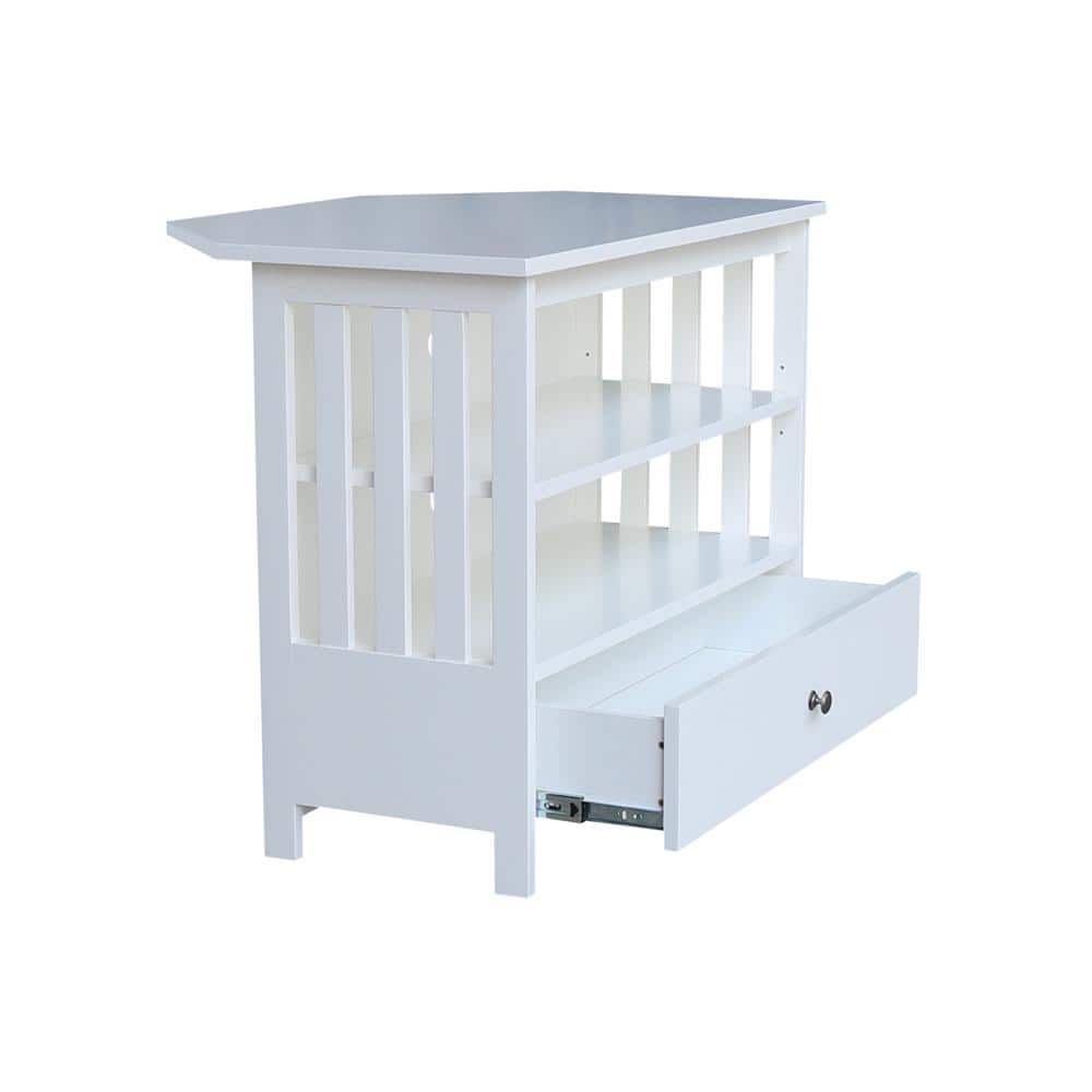 White Solid Wood Corner TV Stand with Shelves and Drawer