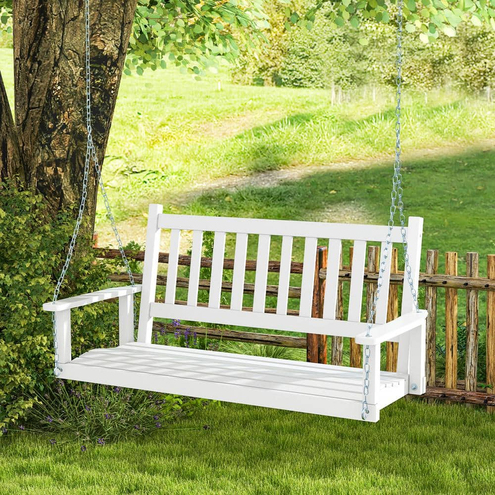 FORCLOVER 2-Person Wood Outdoor Porch Swing with 500lbs Weight Capacity in White