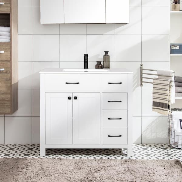 eclife 36 in. W x 19 in. D x 34 in. H 1-Sink Freestanding Bath Vanity in White with White Ceramic Top and Drain Faucet Set