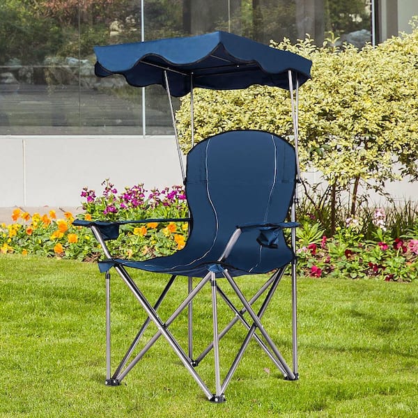 Blue Portable Folding Beach Canopy Chair with Cup Holders Bag Camping Hiking Outdoor