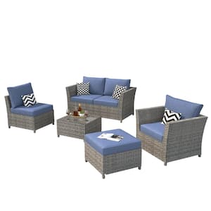 Bexley Gray 6-Piece Wicker Patio Conversation Seating Set with Denim Blue Cushions