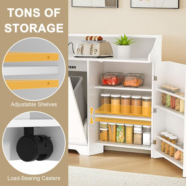 Smart Kitchen Trash Cabinet White MDF 39.4 in. 14 Gallon Dog Proof Cabinet with Ozone and Charging Station