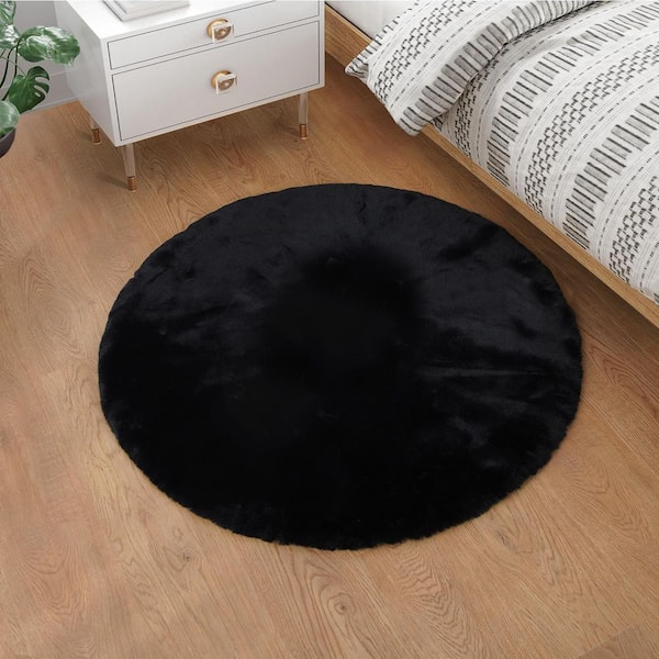 Black 3 ft. x 3 ft. Fuzzy Faux Rabbit Fur Rug Plush Fluffy Rug Round Area Rug