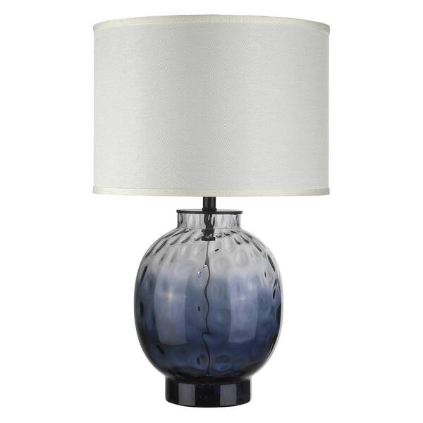 Trend Lighting Panacea 27.5 in. 1-Light Lagoon Water Glass and Satin Black Table Lamp with Lattice Cream Linen Shade