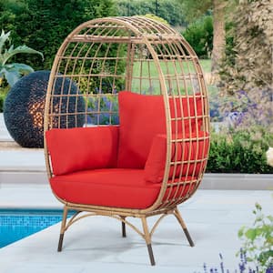 Patio Yellow Wicker Indoor/Outdoor Egg Lounge Chair with Red Cushions