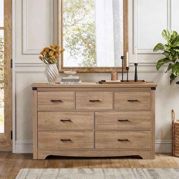 Ardal 7-Drawer 51.77 in. W Oak Chest of Drawers with Metal Handles