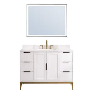 48 in. W x 22 in. D x 35 in. H Solid Wood Bath Vanity in White with White Quartz Top Single Sink Matte Black LED Mirror