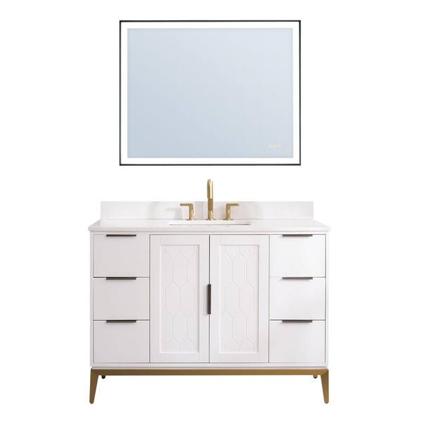 ANGELES HOME 48 in. W x 22 in. D x 35 in. H Solid Wood Bath Vanity in White with White Quartz Top Single Sink Matte Black LED Mirror
