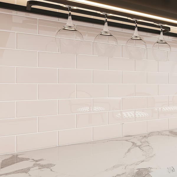 Giorbello (Sample) 3x6 glass subway tiles Rose Pale Pink 3-in x 6-in Glossy Glass Brick Subway Wall Tile