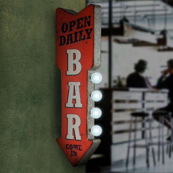 アンティーク　[this bar open] 看板 Crystal Art Gallery Open Daily Bar Metal Arrow Vintage