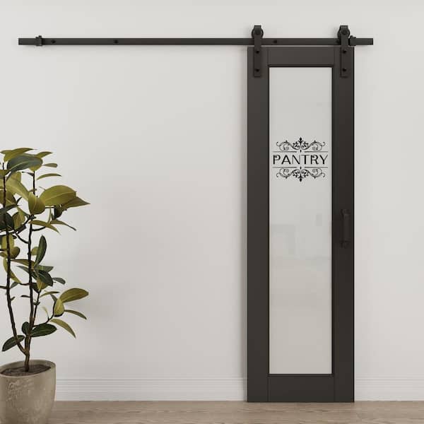 24 in. x 80 in. 1-Lite Frosted Glass Black Primed MDF Composite Sliding Barn Door with Hardware Kit and Pantry Sticker