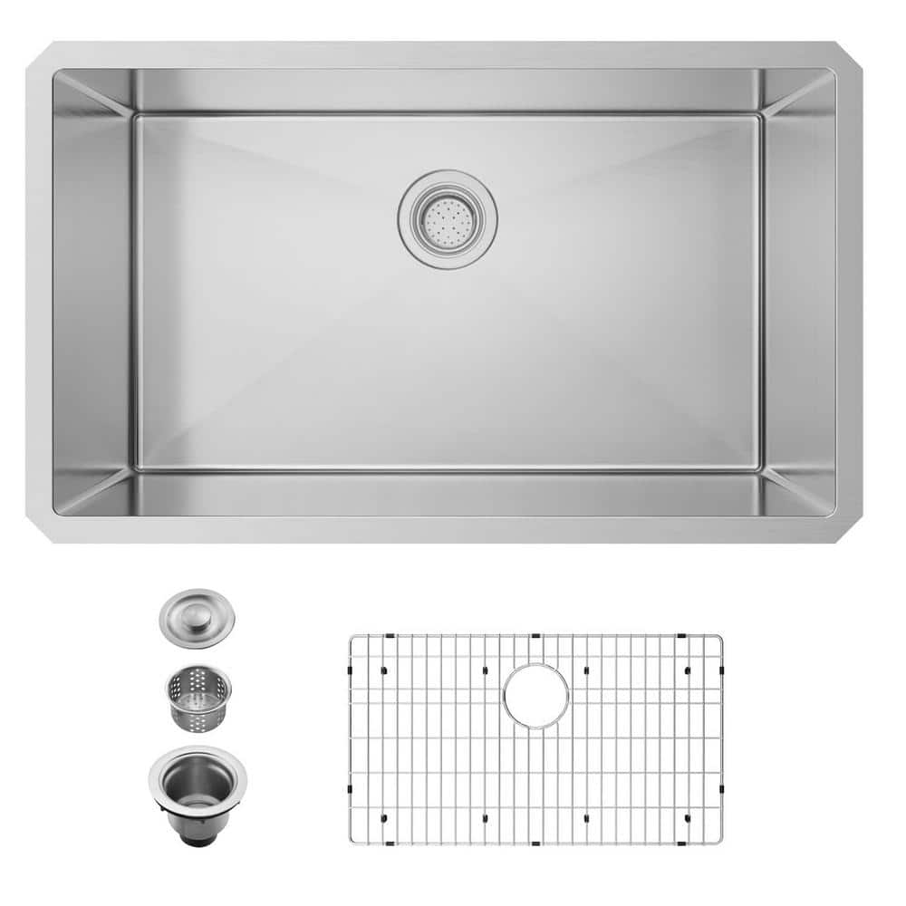 30 in. Undermount Single Bowl 16-Gauge Stainless Steel Kitchen Sink with Bo