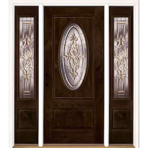 67.5 in.x81.625in.Silverdale Brass 3/4 Oval Lt Stained Chestnut Mahogany Rt-Hd Fiberglass Prehung Front Door w/Sidelite