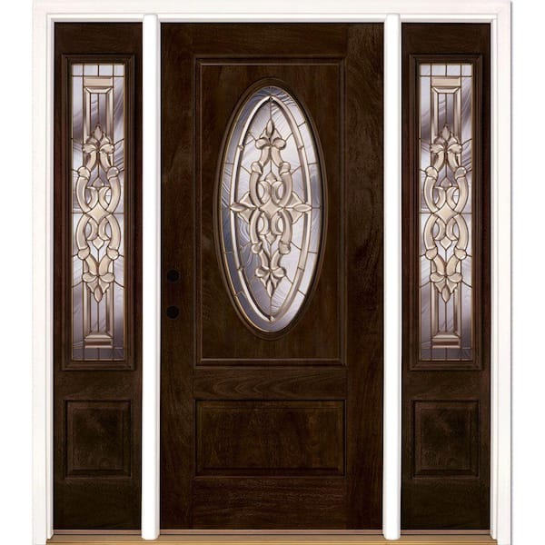 67.5 in.x81.625in.Silverdale Brass 3/4 Oval Lt Stained Chestnut Mahogany Rt-Hd Fiberglass Prehung Front Door w/Sidelite