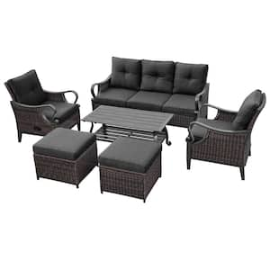 6-Piece Brown Wicker Outdoor Patio Conversation Set with Black Cushion and Ottomans for Garden, Backyard and Poolside