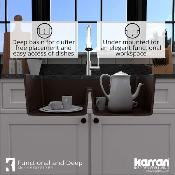 Karran QU-810 32 Undermount Double Equal Bowl Quartz Kitchen Sink in Concrete