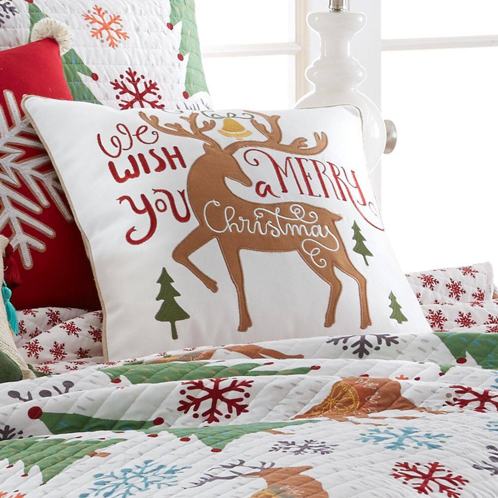 White Embroidered Christmas Reindeer 18'' Square Throw Pillow