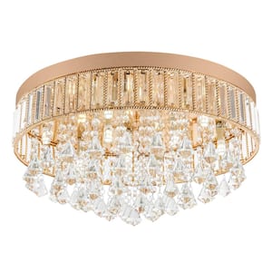 19.68 in. 9-Light Gold Modern Round Flush Mount Ceiling Light with Clear Crystal Shade and No Bulbs Included