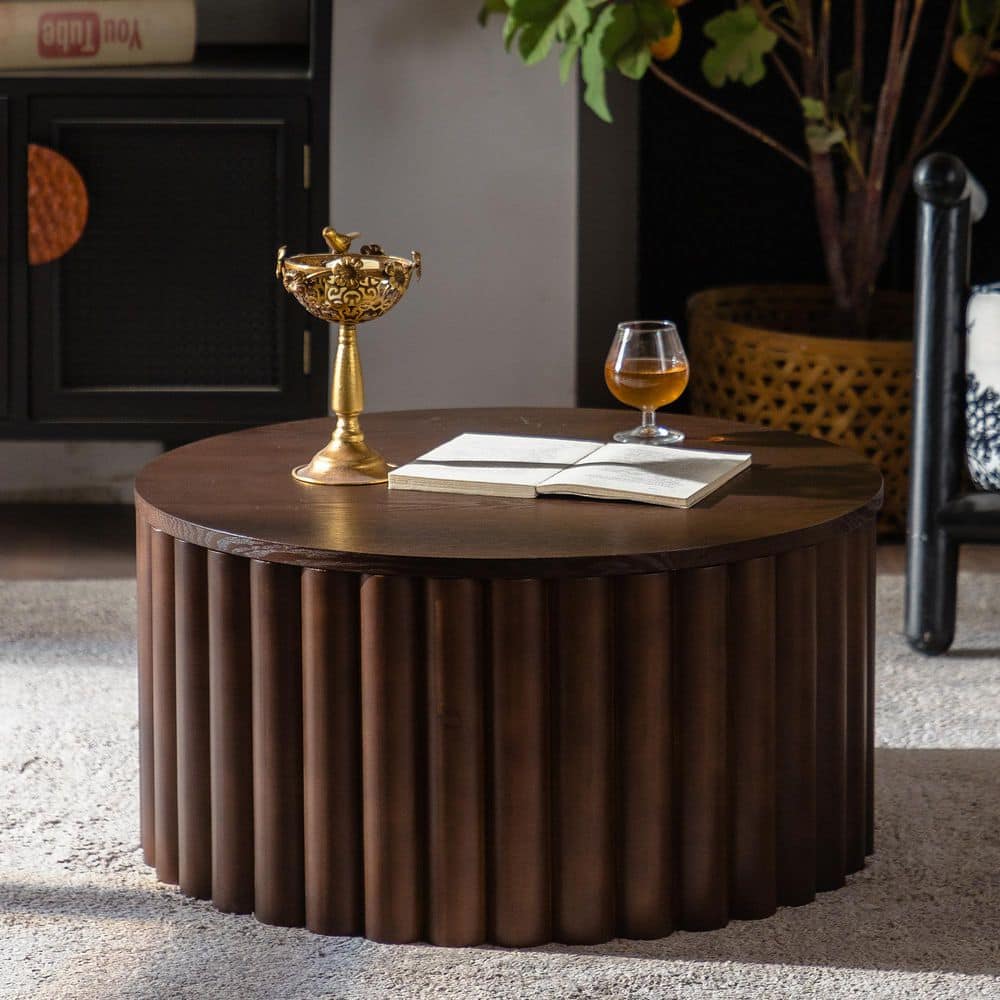 27.56 in. Modern Walnut Round Wood Coffee Table with Lift Handcrafted Relief Sturdy Pedestal price history on PriceWatchPro