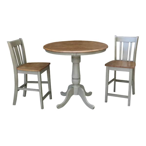 International Concepts Hampton 3-Piece 36 in. Hickory/Stone Round Solid Wood Counter Height Dining Set with San Remo Stools